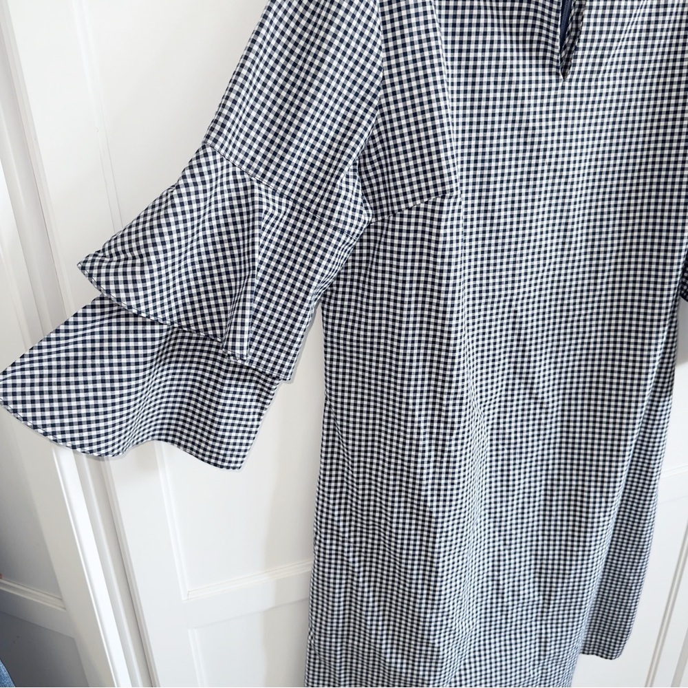 J. McLaughlin Letty Bell Navy/White Sz XL Gingham Ruffle Sleeve Dress Career - Picture 7 of 11